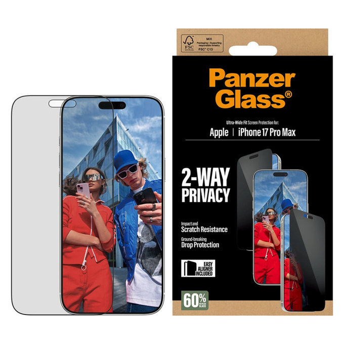 UWF 2-Way Privacy edzett üveg Fastfit applikátorral iPhone 17 Pro Max készülékhez, Fekete, PanzerGlass