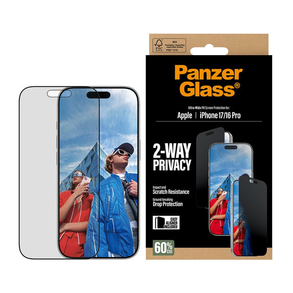 UWF 2-Way Privacy edzett üveg Fastfit applikátorral iPhone 17/16 Pro készülékhez, Fekete, PanzerGlass