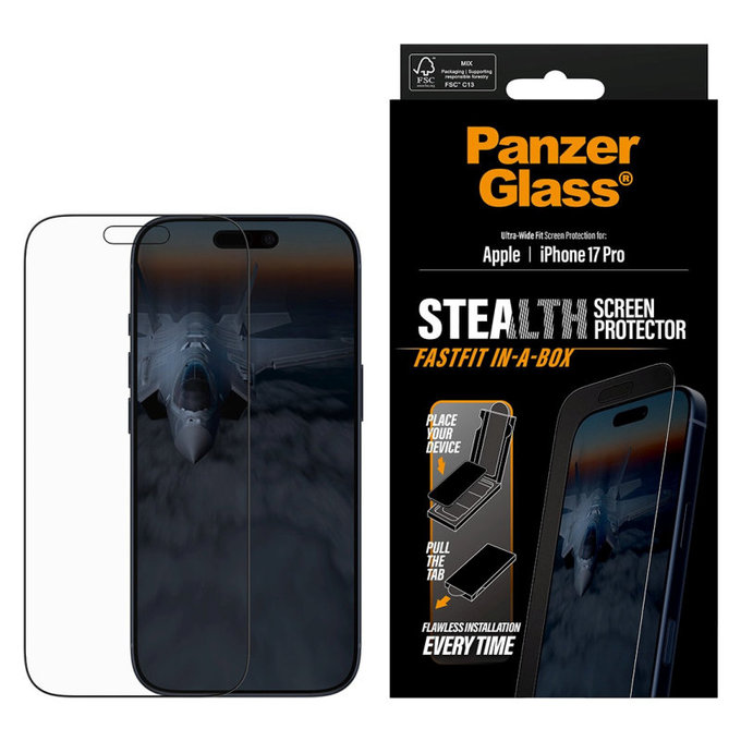 Edzett üveg UWF Stealth Fastfit rendszerrel iPhone 17 Pro készülékhez, Fekete, PanzerGlass