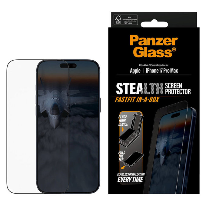 Edzett üveg UWF Stealth Fastfit rendszerrel iPhone 17 Pro Max készülékhez, Fekete, PanzerGlass
