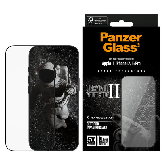 UWF Ceramic II edzett üveg Fastfit applikátorral iPhone 17/16 Pro készülékhez, Fekete, PanzerGlass