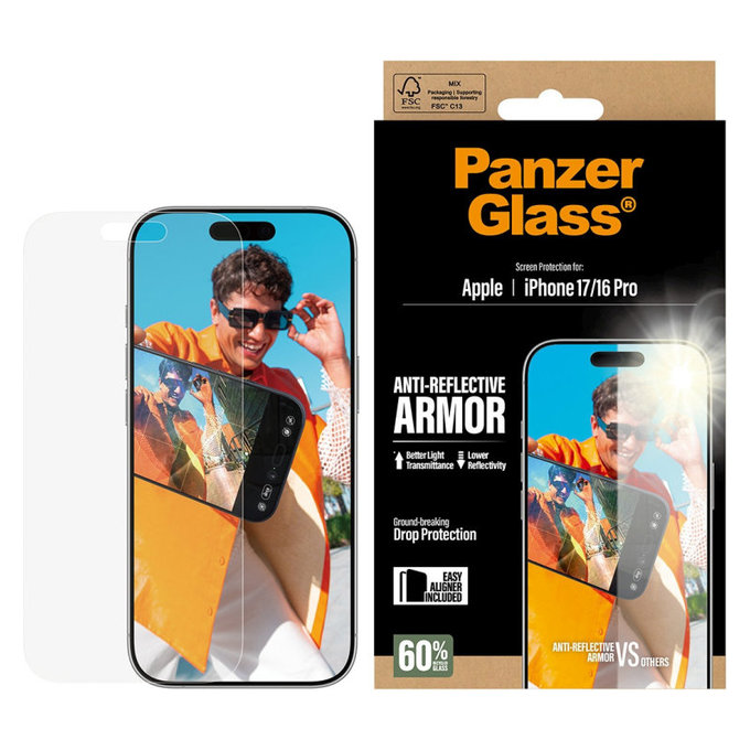 Edzett üveg Anti-Reflective applikátorral iPhone 17/16 Pro készülékhez, Fekete, PanzerGlass