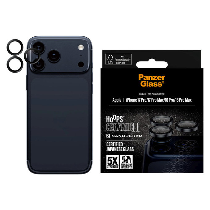 Objektívlencse védő Hoops Ceramic II iPhone 17 Pro Max/17 Pro/16 Pro Max/16 Pro, fekete, PanzerGlass