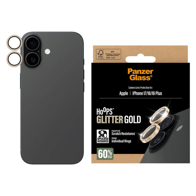 Hoops Kameralencse-védő iPhone 17/16 Plus/16 készülékhez, Glitter Gold, PanzerGlass