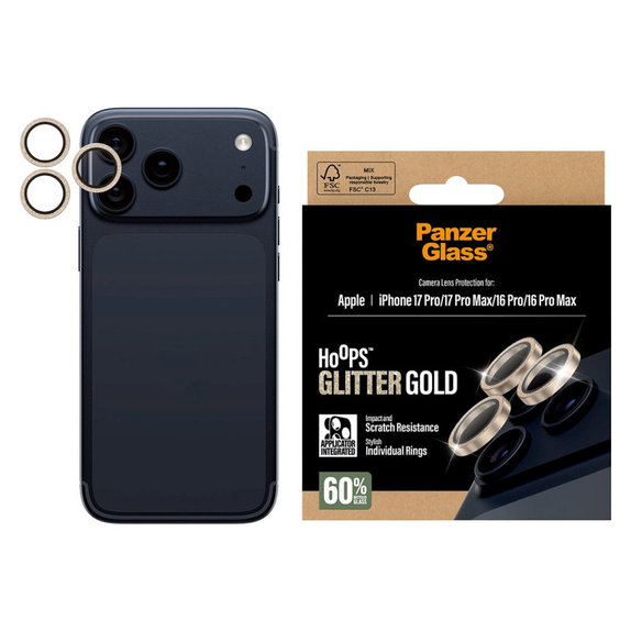 Hoops Kameralencse-védő iPhone 17 Pro Max/17 Pro/16 Pro Max/16 Pro készülékhez, Glitter Gold, PanzerGlass