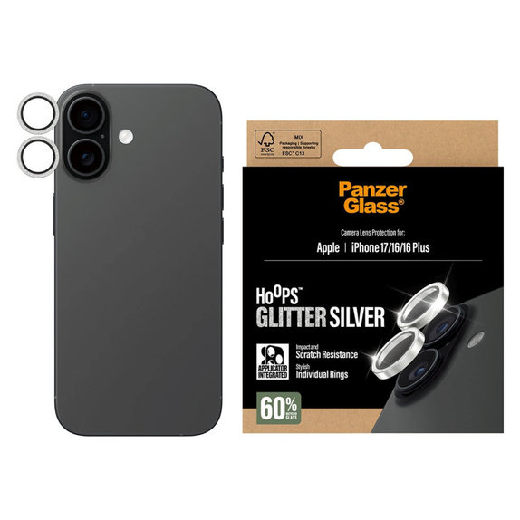 Hoops Kameralencse-védő iPhone 17/16 Plus/16 készülékhez, Glitter Silver, PanzerGlass