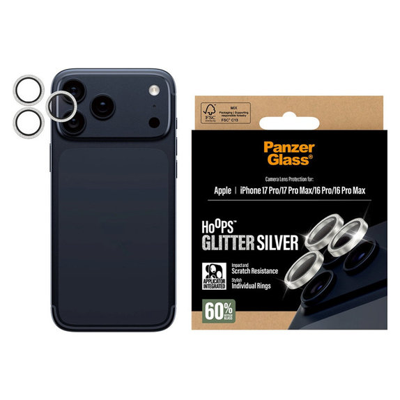 Hoops Kameralencse-védő iPhone 17 Pro Max/17 Pro/16 Pro Max/16 Pro készülékhez, Glitter Silver, PanzerGlass