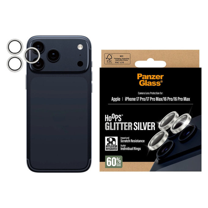 Hoops Kameralencse-védő iPhone 17 Pro Max/17 Pro/16 Pro Max/16 Pro készülékhez, Glitter Silver, PanzerGlass