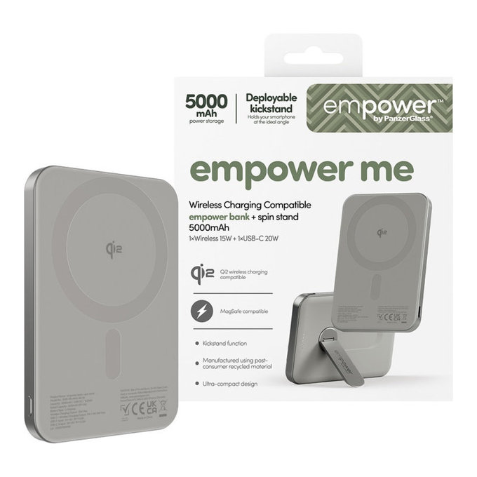 Vezeték nélküli PowerBank 5000 mAh, forgatható állvánnyal 20 W, MagSafe-kompatibilis, Qi2/USB-C, Titán, empower