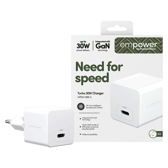 Utazóadapter Grand Prix USB-C, GaN, 30 W PD, ezüst-fehér, empower
