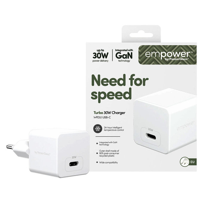 Utazóadapter Grand Prix USB-C, GaN, 30 W PD, ezüst-fehér, empower