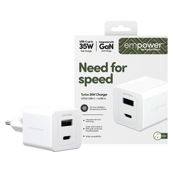 Utazóadapter Grand Prix USB-C/USB-A, GaN, 35 W PD, ezüst-fehér, empower