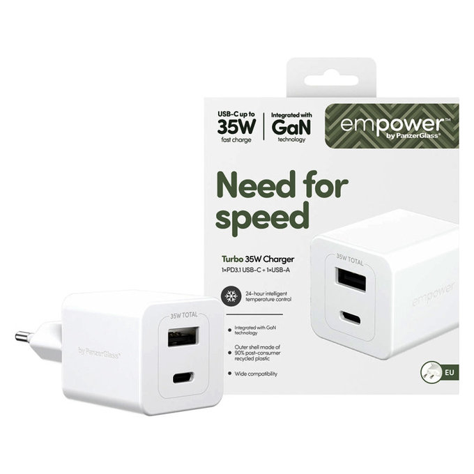 Utazóadapter Grand Prix USB-C/USB-A, GaN, 35 W PD, ezüst-fehér, empower