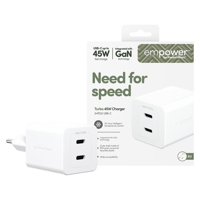 Utazóadapter Grand Prix 2x USB-C, GaN, 45 W PD, Ezüst-fehér, empower