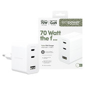 Utazóadapter Grand Prix 2x USB-C/USB-A, GaN, 70 W PD, Ezüst-fehér, PanzerGlass