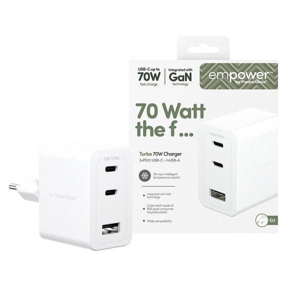 Utazóadapter Grand Prix 2x USB-C/USB-A, GaN, 70 W PD, Ezüst-fehér, empower