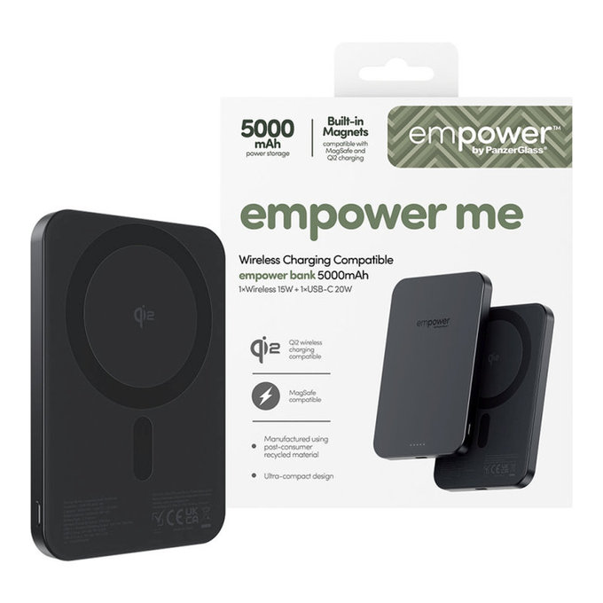 Vezeték nélküli PowerBank 5000 mAh, 20 W, MagSafe kompatibilis, Qi2/USB-C, Space Black, empower