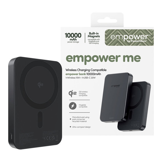 Vezeték nélküli PowerBank 10000 mAh, 20 W, MagSafe kompatibilis, Qi2/USB-C, Space Black, empower