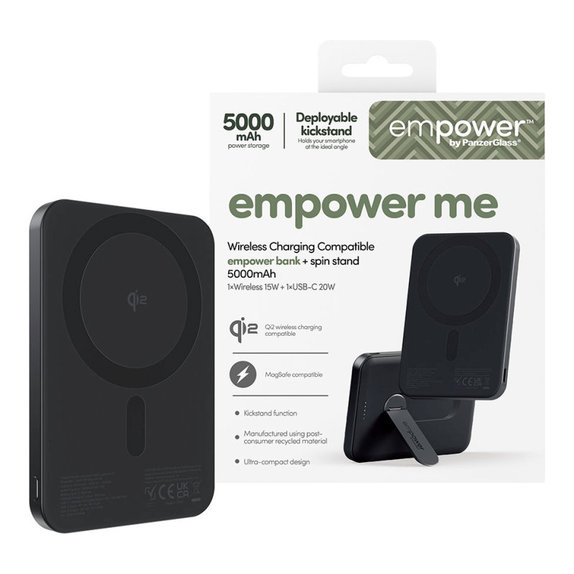 Vezeték nélküli PowerBank 5000 mAh forgatható állvánnyal, 20 W, MagSafe kompatibilis, Qi2/USB-C, Space Black, empower