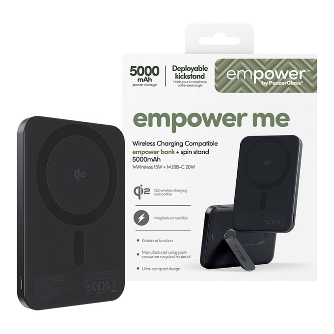 Vezeték nélküli PowerBank 5000 mAh forgatható állvánnyal, 20 W, MagSafe kompatibilis, Qi2/USB-C, Space Black, empower