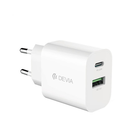 Smart töltőadapter USB-C + USB-A, PD 20W, fehér, Devia