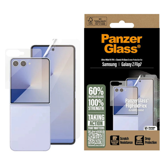 Védőfólia UWF és edzett üveg Samsung Galaxy Z Flip7 készülékhez, Átlátszó, PanzerGlass