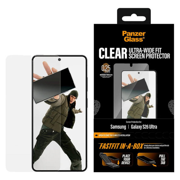 UWF edzett üveg FASTFIT In-A-Box applikátorral Samsung S26 Ultra készülékhez, Átlátszó, PanzerGlass