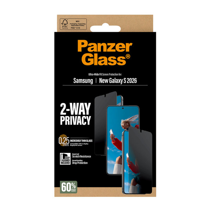 PanzerGlass - UWF 2-Way Privacy edzett üveg applikátorral Samsung Galaxy S26, átlátszó