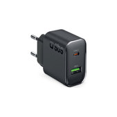 Utazási adapter USB-A/USB-C, GaN, 65 W PD, fekete, SBS