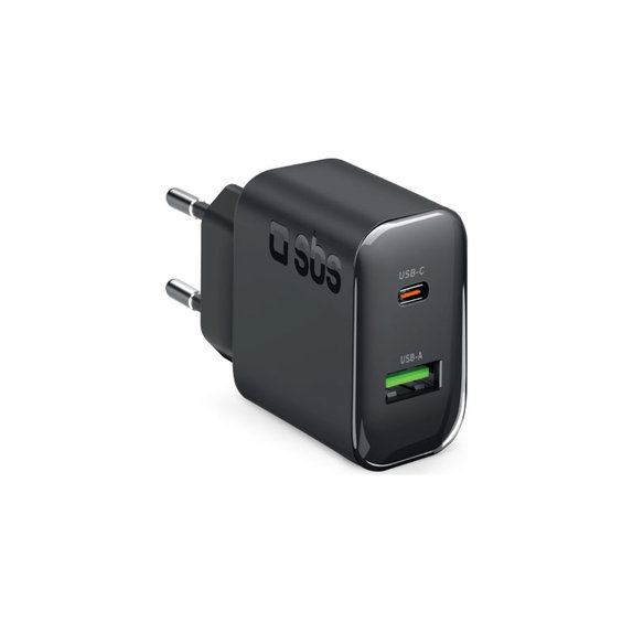 Utazási adapter USB-A/USB-C, GaN, 65 W PD, fekete, SBS