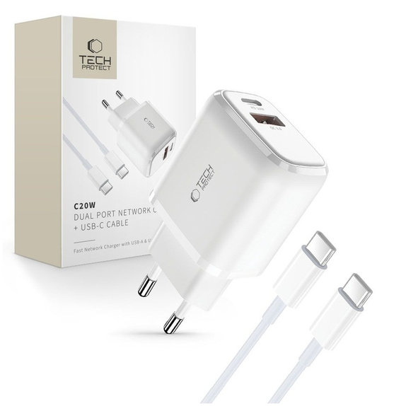 Hálózati töltő C20W 2-PORT PD 20W / QC3.0 + USB-C Cable, fehér, Tech-Protect