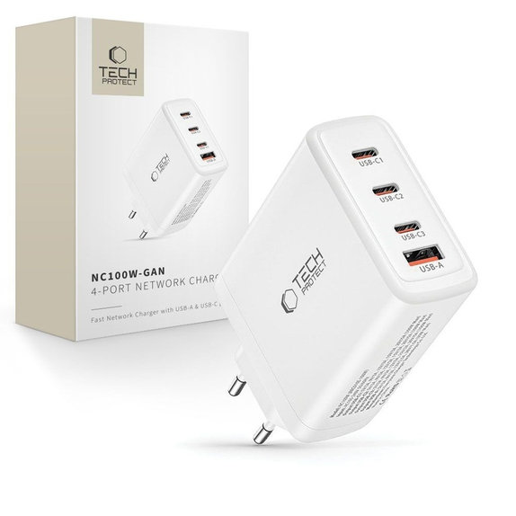 Hálózati töltő NC100W-GAN 4-PORT PD 100W / QC3.0, fehér, Tech-Protect