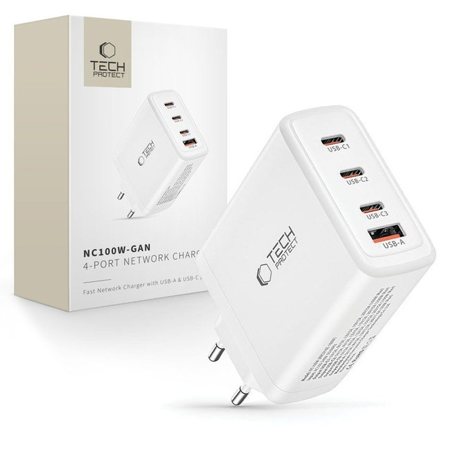 Hálózati töltő NC100W-GAN 4-PORT PD 100W / QC3.0, fehér, Tech-Protect