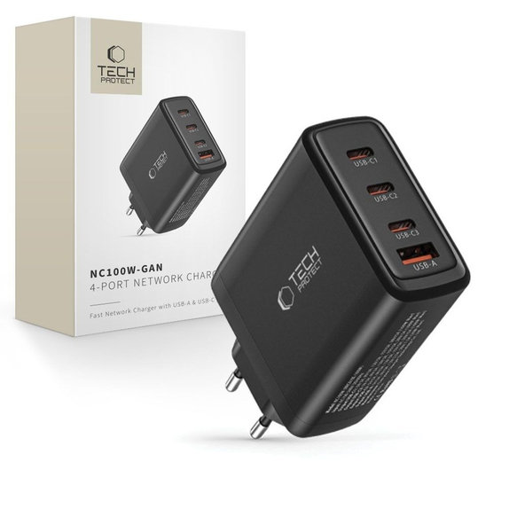Hálózati töltő NC100W-GAN 4-PORT PD 100W / QC3.0, fekete, Tech-Protect
