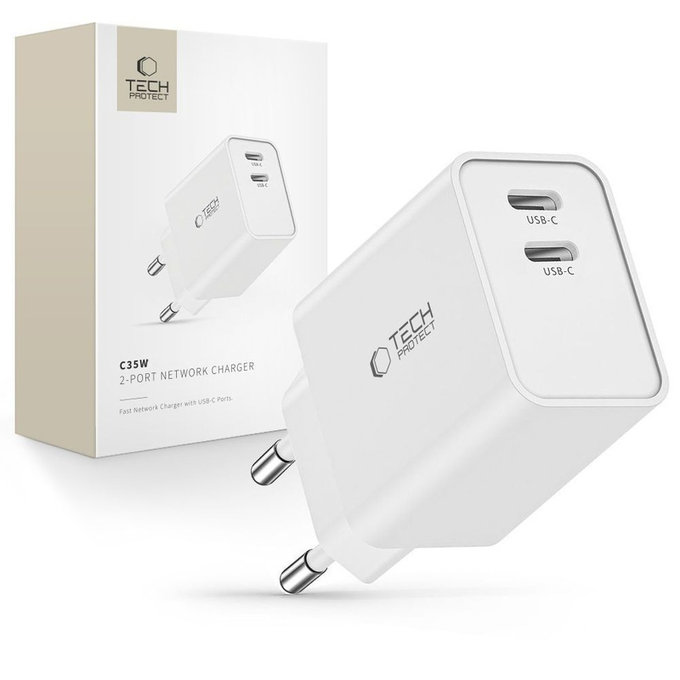 Hálózati töltő C35W 2-PORT PD 35W, fehér, Tech-Protect