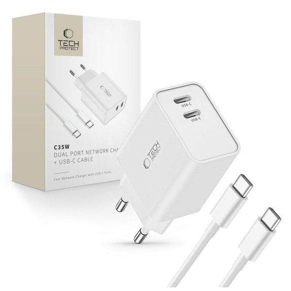 Hálózati töltő C35W 2-PORT PD 35W + USB-C Cable, fehér, Tech-Protect