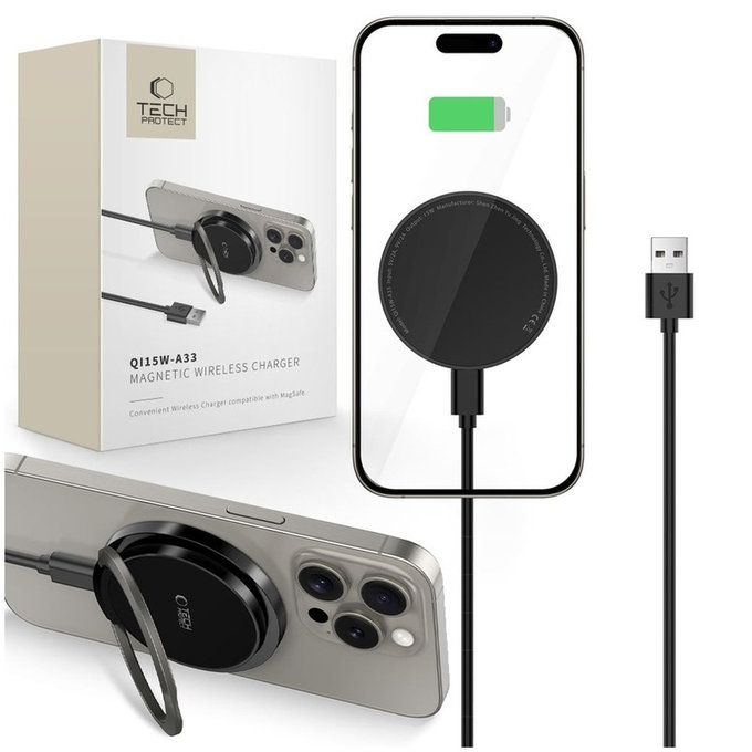 Vezeték nélküli töltő QI15W-A33 Magnetic MagSafe, fekete, Tech-Protect