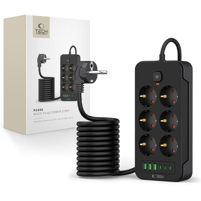Hálózati töltő PC6X6 Power Strip 3 USB & 3 USB-C & 6 Socket 200cm, fekete, Tech-Protect