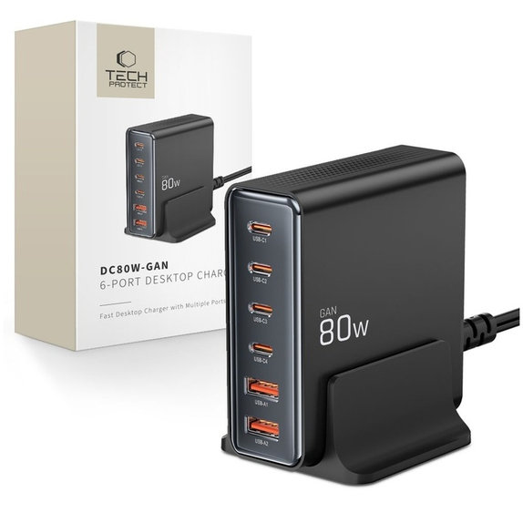 Hálózati töltő DC80W-GAN 6-PORT PD 80W / QC3.0, fekete, Tech-Protect