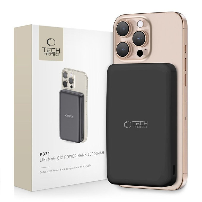 Powerbank PB24 Lifemag Qi2 MagSafe 10000mAh, fekete, Tech-Protect