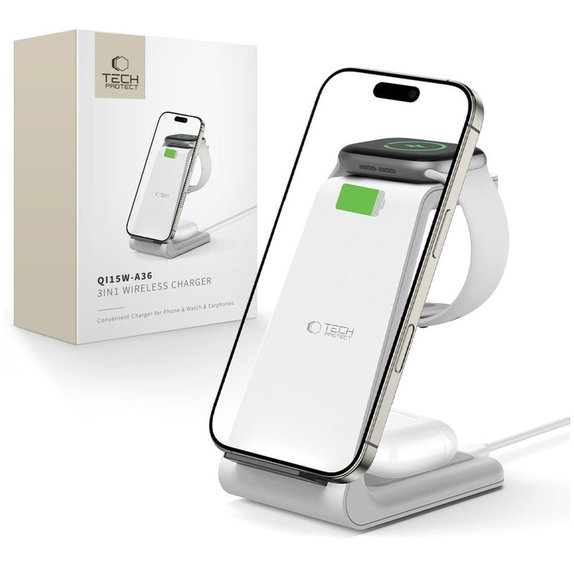 Vezeték nélküli töltő QI15W-A36 3IN1 for Apple, fehér, Tech-Protect