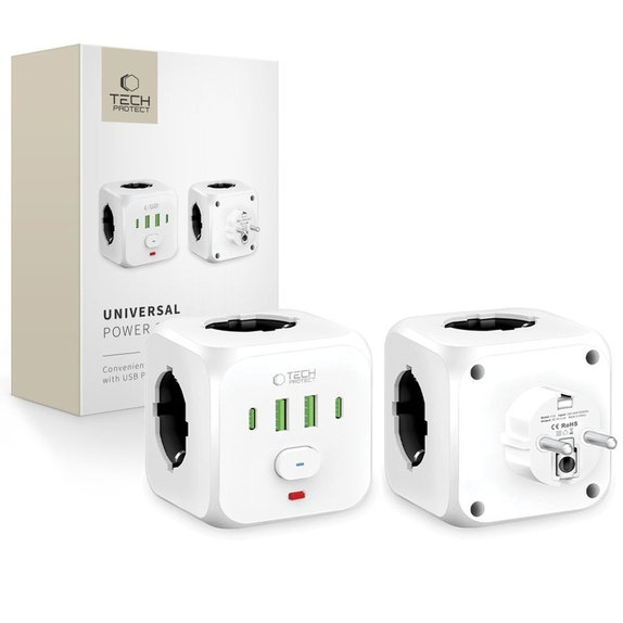 Hálózati töltő PCL3X4 Power Socket 2 USB & 2 USB-C & 3 Socket, fehér, Tech-Protect