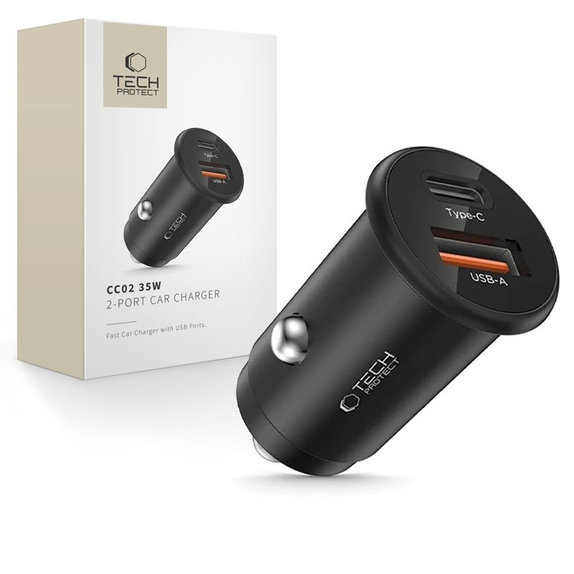 Autós töltő CC02 2-PORT PD 35W / QC3.0, fekete, Tech-Protect