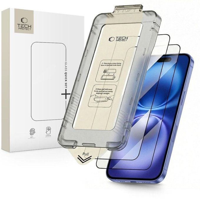 Edzett üveg Quick Set+ 2-PACK iPhone 15 / 16, fekete, Tech-Protect