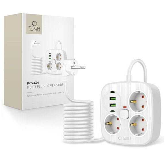 Hálózati töltő PCS3X4 Power Strip 2 USB & 2 USB-C & 3 Socket 200cm, fehér, Tech-Protect