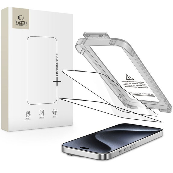 Edzett üveg Quick Set+ 2-PACK iPhone 15 Pro, fekete, Tech-Protect