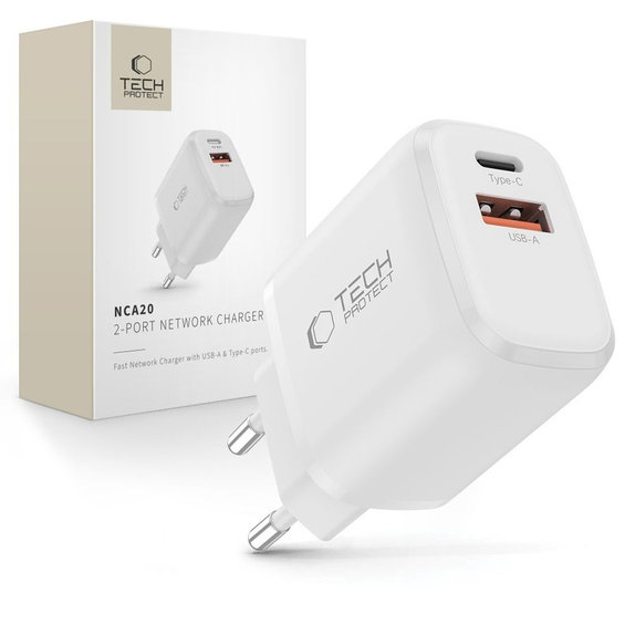 Hálózati töltő NCA20 2-PORT PD 20W / QC3.0, fehér, Tech-Protect