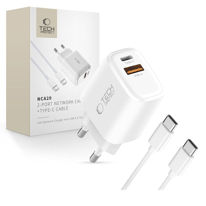 Hálózati töltő NCA20 2-PORT PD 20W / QC3.0 + USB-C Cable, fehér, Tech-Protect