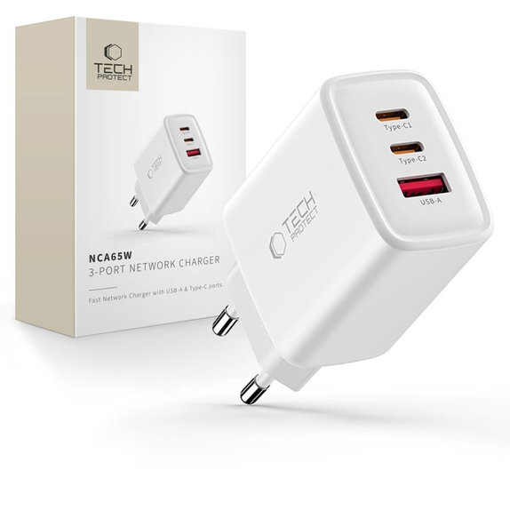 Hálózati töltő NCA65W-GAN 3-PORT PD 65W / QC3.0, fehér, Tech-Protect