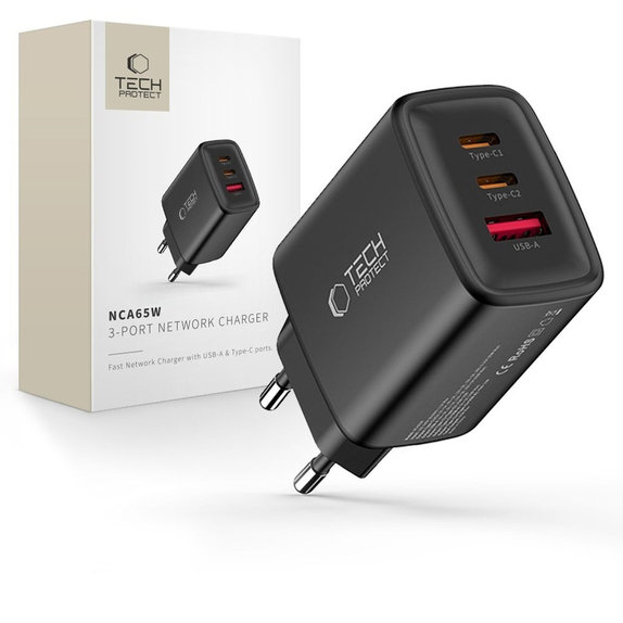 Hálózati töltő NCA65W-GAN 3-PORT PD 65W / QC3.0, fekete, Tech-Protect